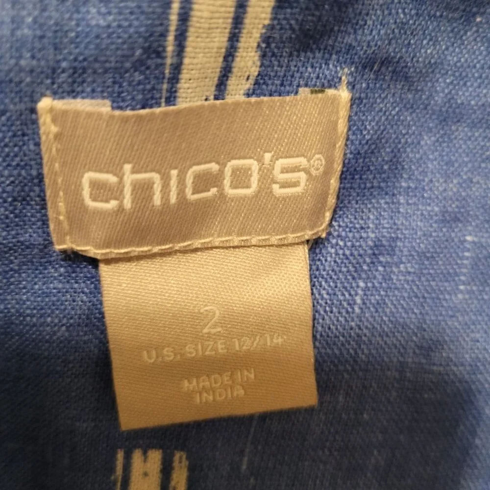 Chicos Womens Blue White Ikat Print Linen Button-Down shirt dress 12/14 tunic - Picture 5 of 7